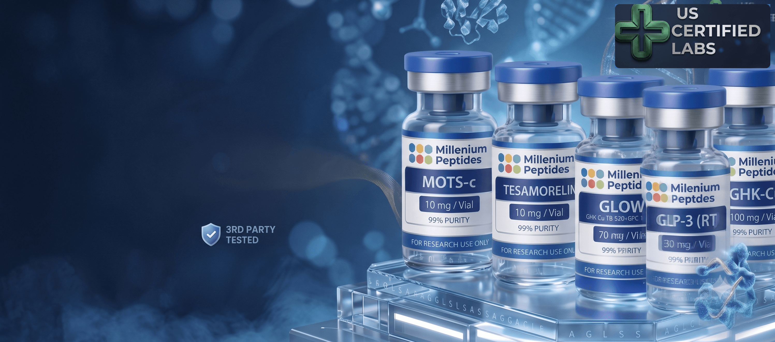 MilleniumPep research vials on a laboratory podium, third-party tested, US certified labs